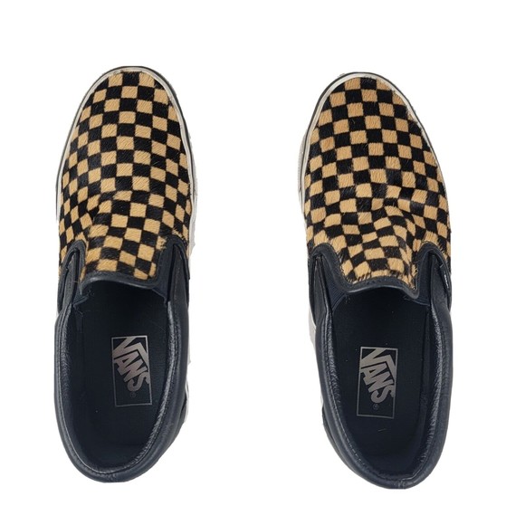 Vans Classic Slip On Calf Hair Tan Checkerboard Sneakers Men's Size 8.5 Womens 9 - Picture 6 of 10